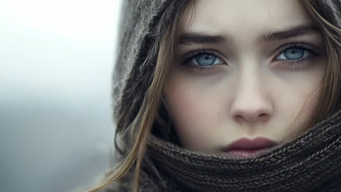 Quiet winter gaze wrapped in soft wool and pale light.