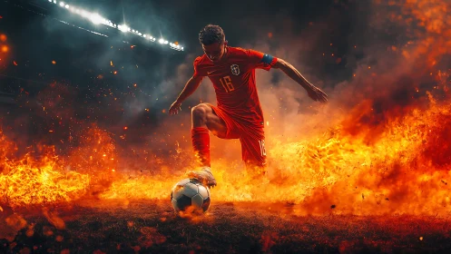 Soccer player controlling ball amid stylized flames on field.