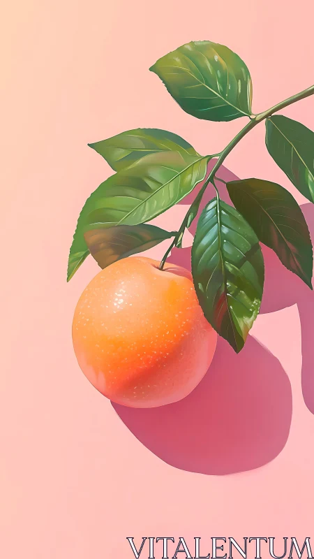 Sunlit citrus branch casts crisp shadow on pink ground.