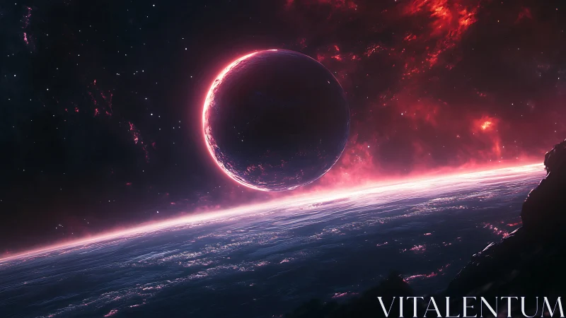 Lunar silhouette above illuminated planetary horizon.