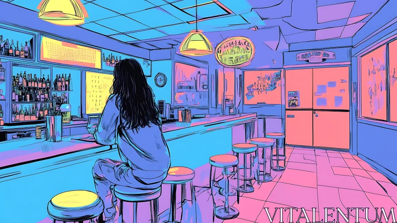 Neon-lit diner interior rendered in duotone comic line art