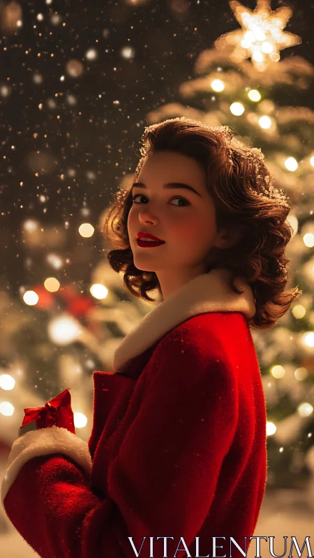 Retro styled woman in red coat under defocused Christmas tree lights