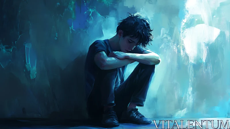 Solitary young figure seated against cool blue wall.