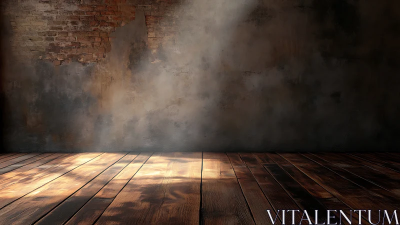 Gentle sunlight warms a rustic wooden floor and aged wall
