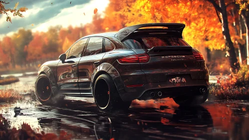 Modified Porsche SUV accelerates through reflective autumn wetland