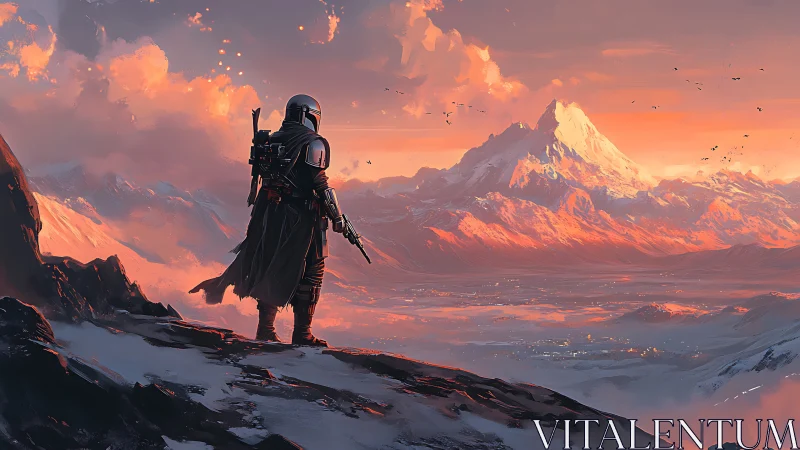 Solitary armored wanderer gazes over glowing mountain range