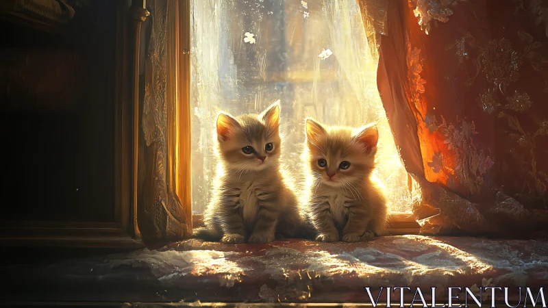Two kittens sit in dramatic golden sunlight streaming through weathered doorway