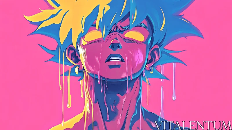 Neon anime warrior melts in bold surreal color drips