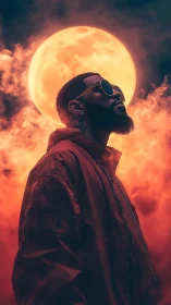 Man in red jacket under full moon with dramatic orange smoke.
