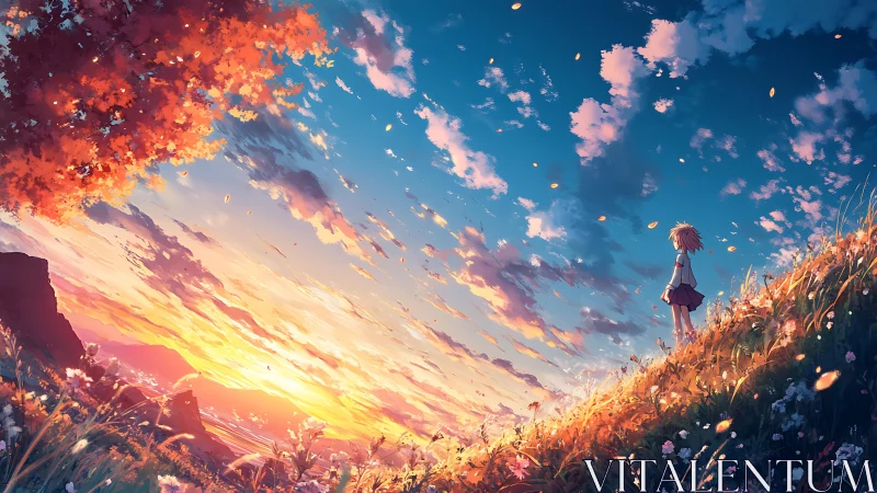 Girl on hillside overlooking expansive sunset sky scene.