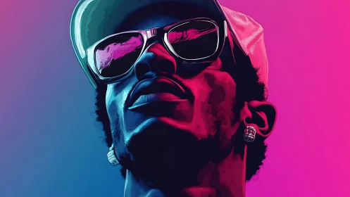 Stylized portrait of man in sunglasses on neon gradient background.