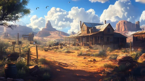Dusty frontier homestead basks beneath towering desert clouds