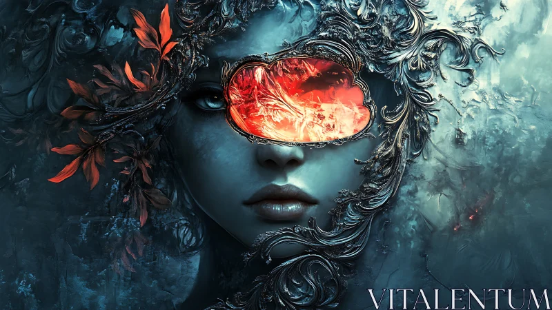 Ornate female face with molten red eye mask element.