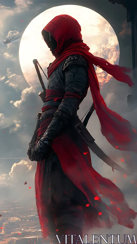 Hooded warrior in red garments before full luminous moon.