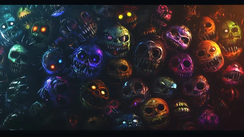 Colorful haunted skull wall glowing with surreal neon grins.