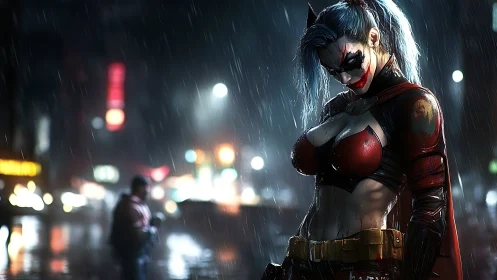 Masked female vigilante stands in rain on blurred city street