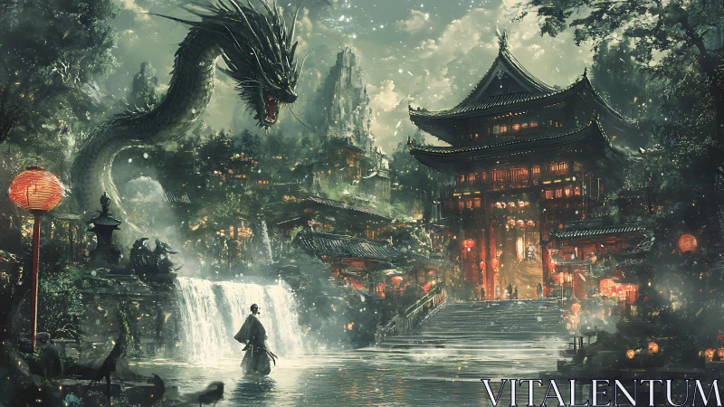 Dragon guardian coils above misty temple waterfall gateway.