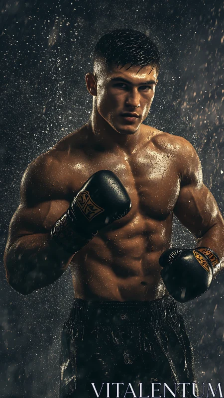 Professional Boxer Portrait with Dramatic Particle Effects and Golden Lighting