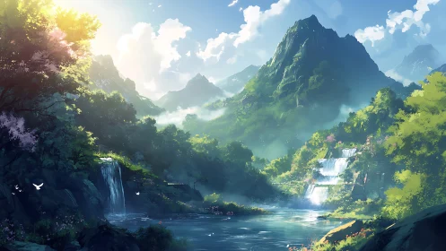 Sunlit alpine valley renders cascading waterfalls in detail