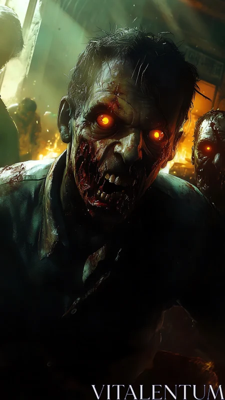 Molten-eyed zombie staggers from burning streets at dusk