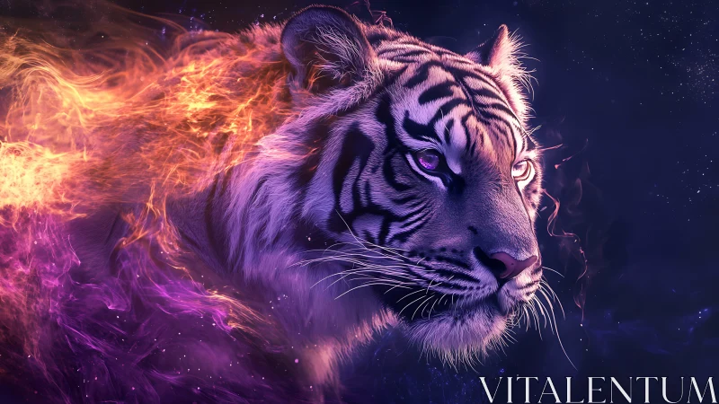 Cosmic tiger wrapped in violet fire and quiet starlight.