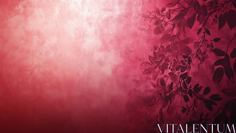 Crimson gradient wall with silhouetted botanical foliage pattern.