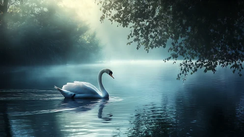 Solitary swan drifts through misty sapphire morning hush