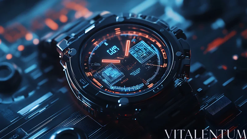 Futuristic digital wristwatch glows over cyber circuit board.