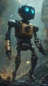 Lonely robot explores a rainy neon alley with quiet wonder