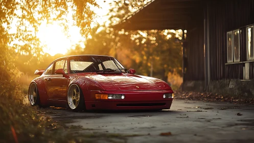 Lowered red sports coupe at golden hour beside rustic shed