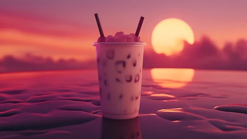 Bubble Tea Drink Against Sunset Seascape Setting