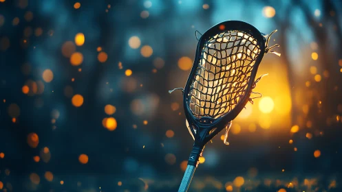 Lacrosse stick haloed by dusk sparks and golden afterglow.