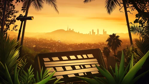 Cinematic cityscape horizon with clapperboard and telescope frame.