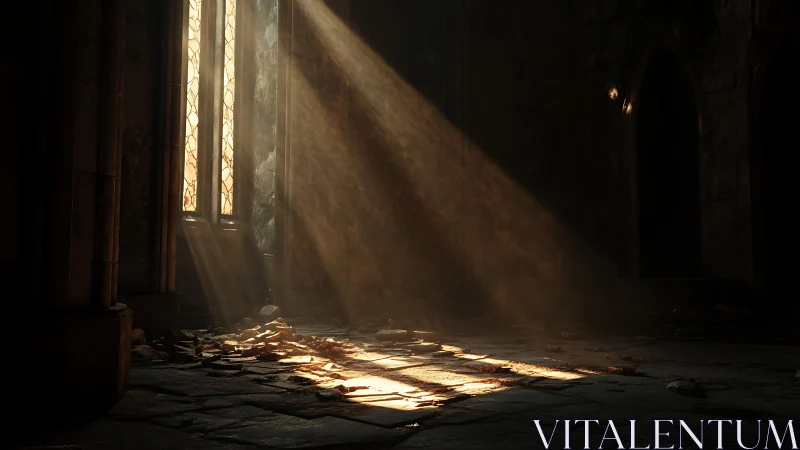 Sunlight across dust and debris in empty stone hall.