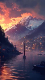 Vertical alpine harbor at dusk with luminous resort townscape.