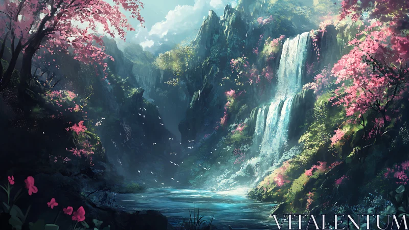 Enchanted waterfall valley glows beneath blooming cherry trees.