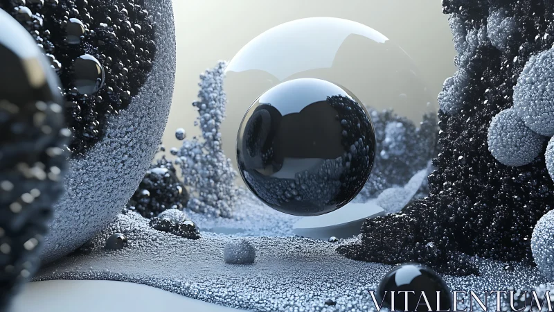 Spherical forms in granular textured digital environment.