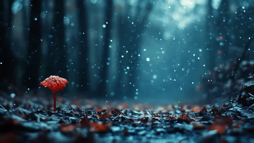 Solitary red mushroom under soft snowfall in forest.