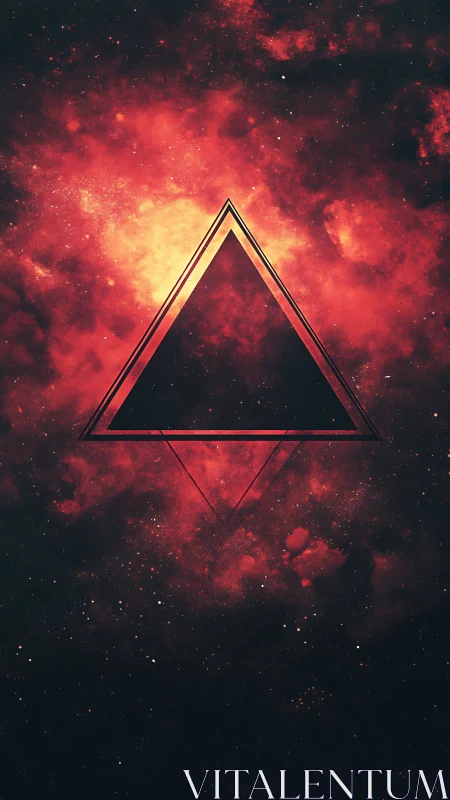 Geometric black triangle cuts through fiery cosmic nebula