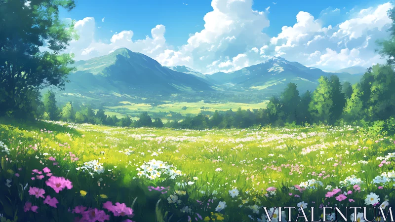 Sunlit alpine meadow with wildflower foreground and distant peaks