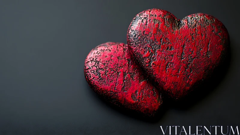 Two Red Metallic Heart Shapes with Textured Surface Rendering