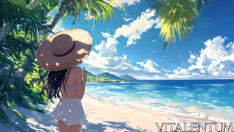 Girl in sunhat gazes over tranquil tropical shoreline.