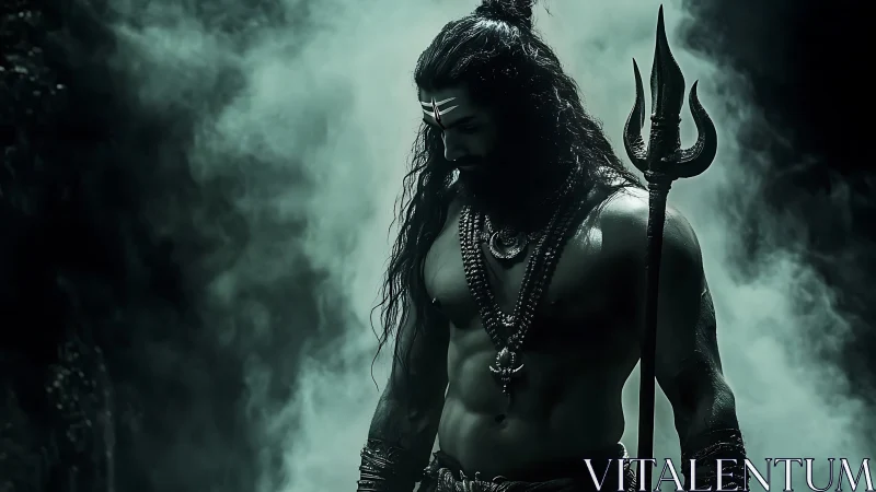 Warrior with trident in smoky mystical forest scene