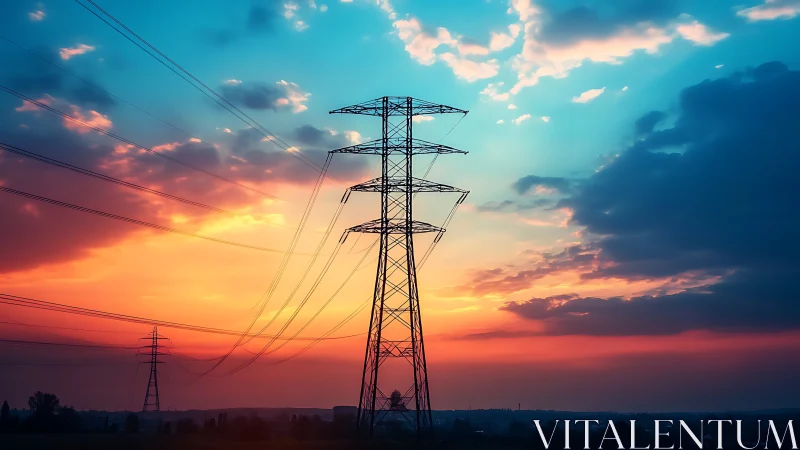 Photorealistic power line silhouette against gradient sunset sky.