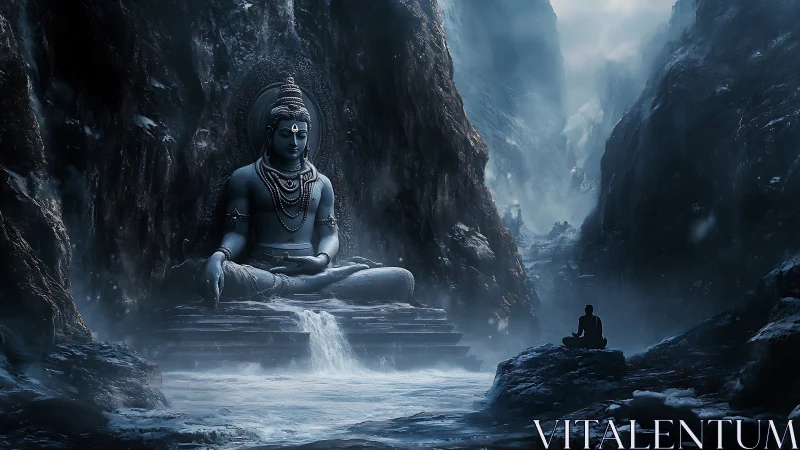 Colossal mountain deity watches lone meditator in icy canyon.