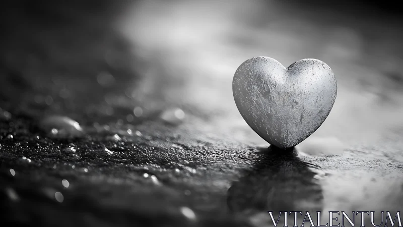 Crystalline heart rests on wet surface amid bokeh.