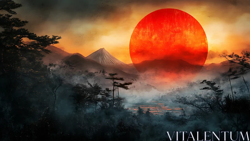 Molten red sun rises over misty mountains in dramatic silence