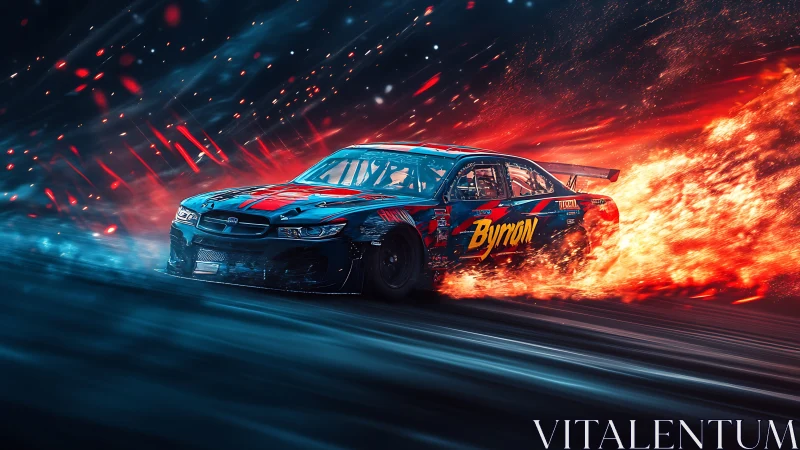 Racing car drifts through neon flames in dynamic digital art