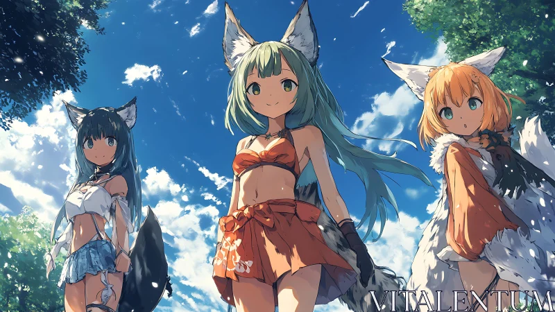 Fox-eared girls in summer skyward low-angle anime composition.