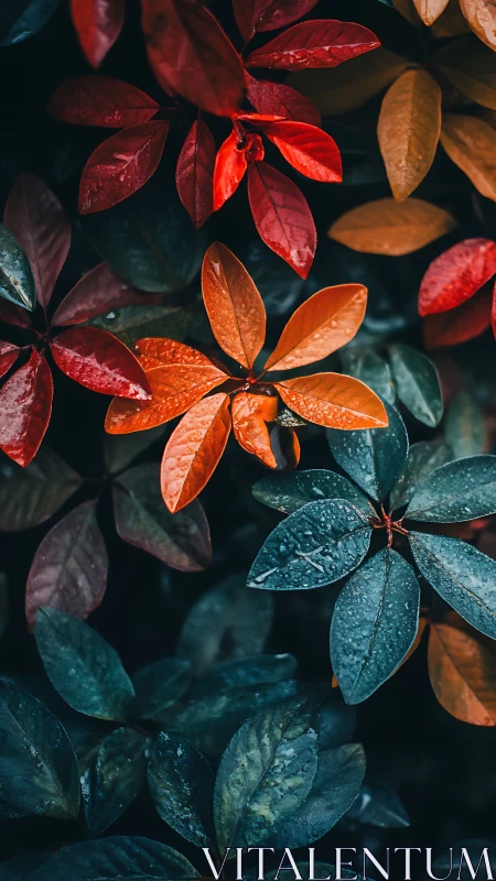 Rain kissed leaves trade secrets in crimson teal whispers